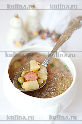 Рецепт грибной суп с картофелем, горошком и колбаской