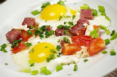 Рецепт яичница-глазунья с колбасой и помидорами